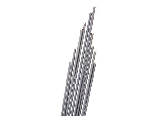 Six metal rods arranged in a fan shape, with a smooth gray finish, demonstrating materials commonly used in construction or manufacturing.