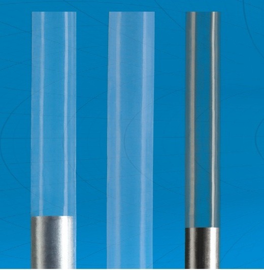 Three transparent tubes with metal bases, placed against a blue background, illustrating different sizes and thicknesses for comparative analysis.