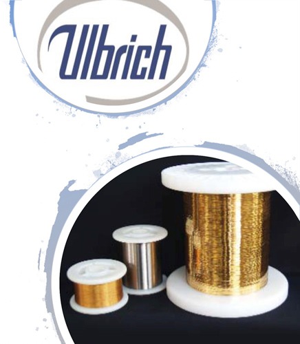 Ulbrich logo above three spools of metal wire, showcasing various sizes and colors, emphasizing the company’s wire products for industrial applications.