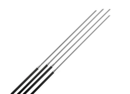 Four stainless steel fishing rods with black rubber grips, arranged parallel to each other, illustrating essential gear for anglers.