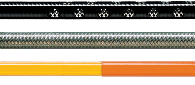Four distinct cable types are displayed: a black braided cable, a metallic mesh cable, a two-tone yellow and orange cable, and another black braided cable. Each represents different material and design for electrical applications.