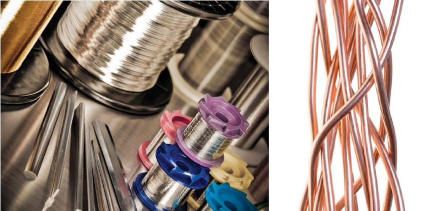 Coiled wires and spools in various colors, showcasing materials commonly used in electronics and crafting, emphasizing their versatility and range.